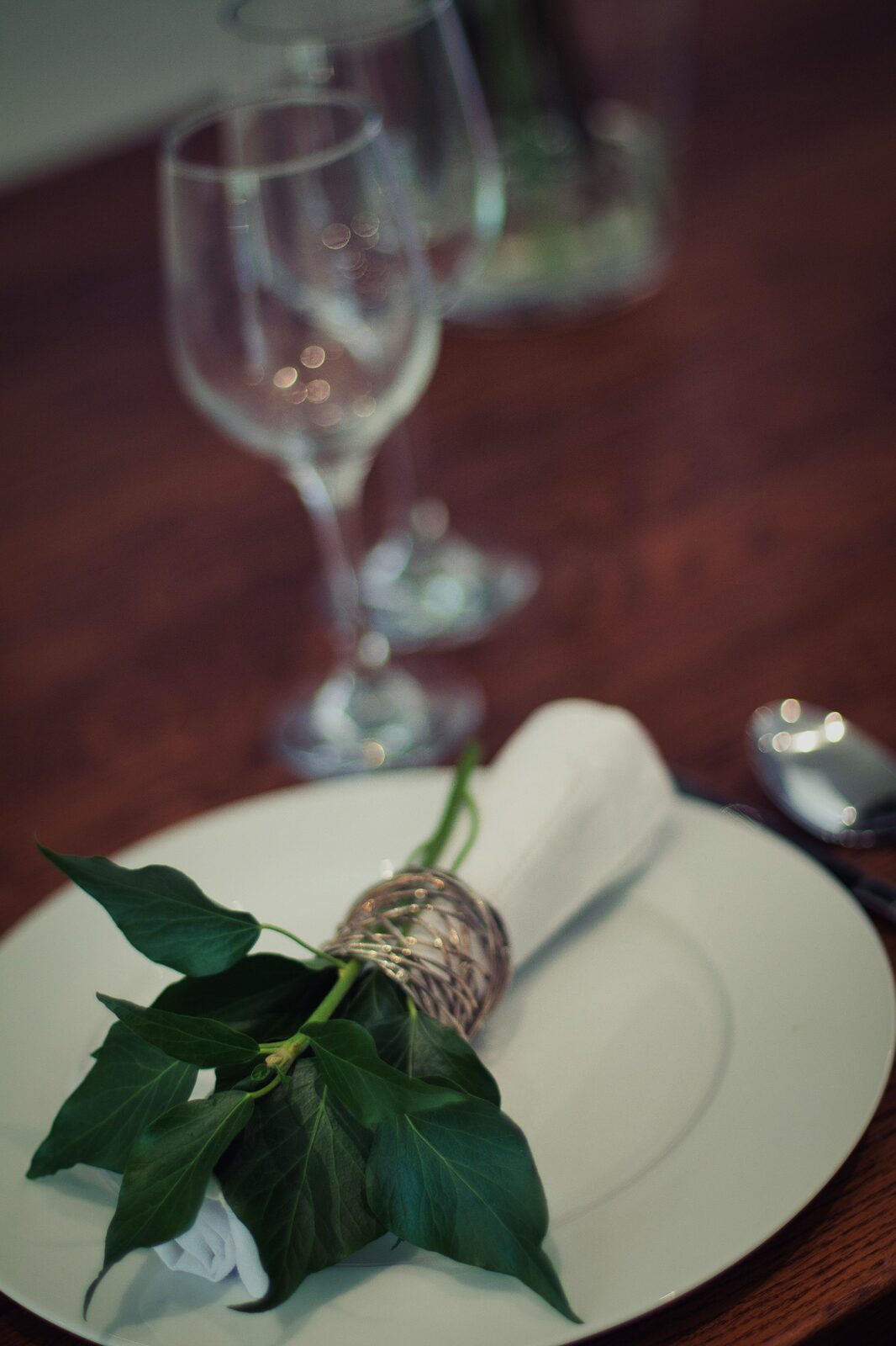 Wedding-style table setting in the farmhouse at Hewletts Farm