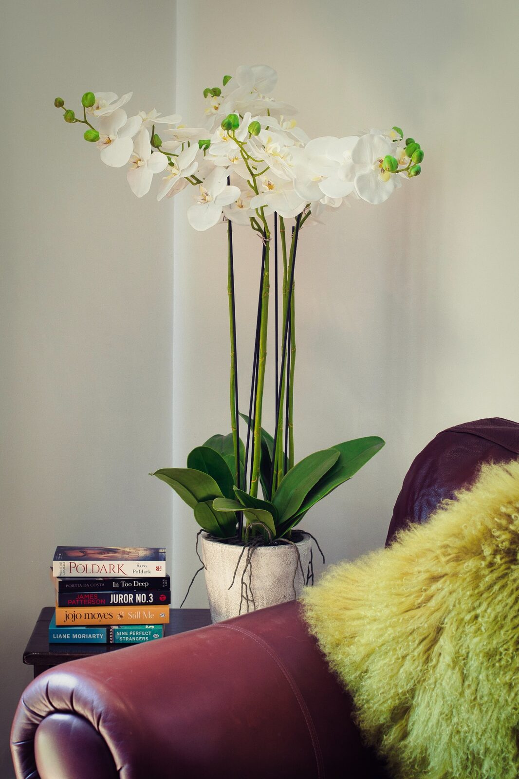 Lounge seating and flowers in the farmhouse at Hewletts Farm